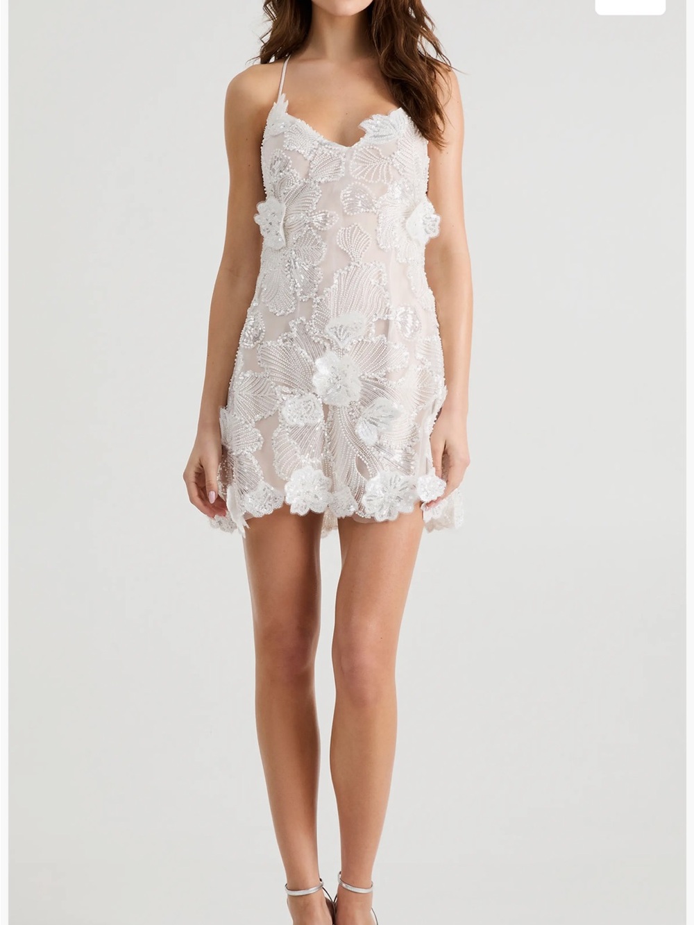 Helsi Renee beaded floral White Sheer Floral Appliqué Slip Dress